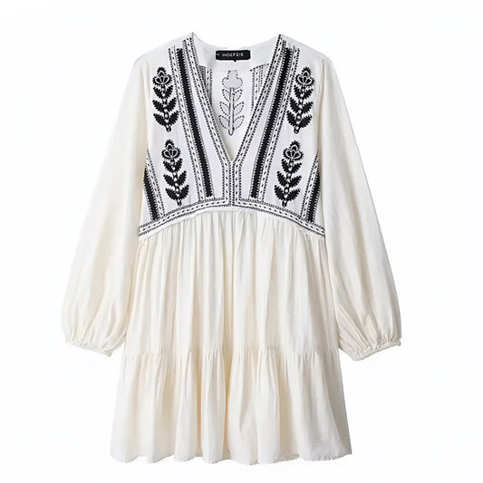 Athens Floral Embroidered V-Neck Tiered Long Puff Sleeve Boho Mini Dress
