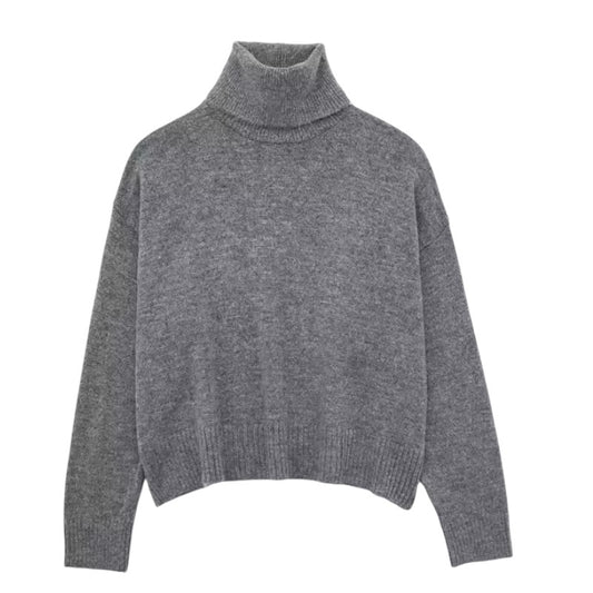 Grey Knit Oversized Long Sleeve Turtleneck Pullover Sweater