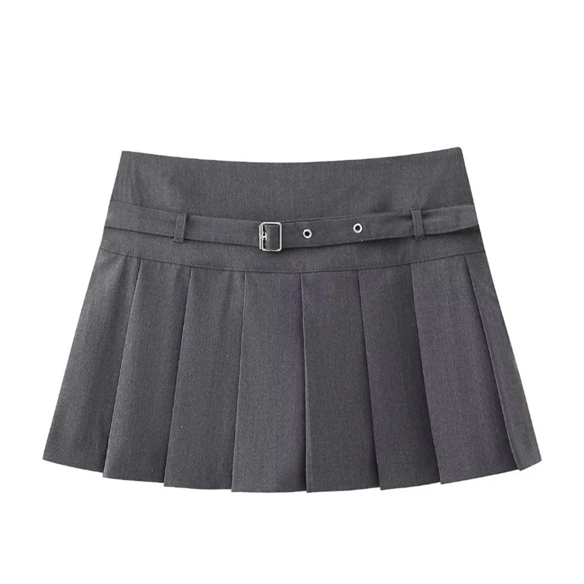 Dark Grey Slim Low-Rise Pleated Mini Skirt With Belt