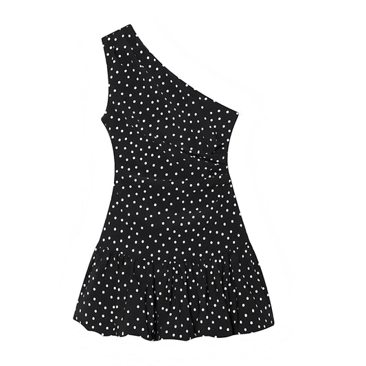 Black & White Polka Dot Asymmetric Bodycon Ruched Sleeveless Mini Dress