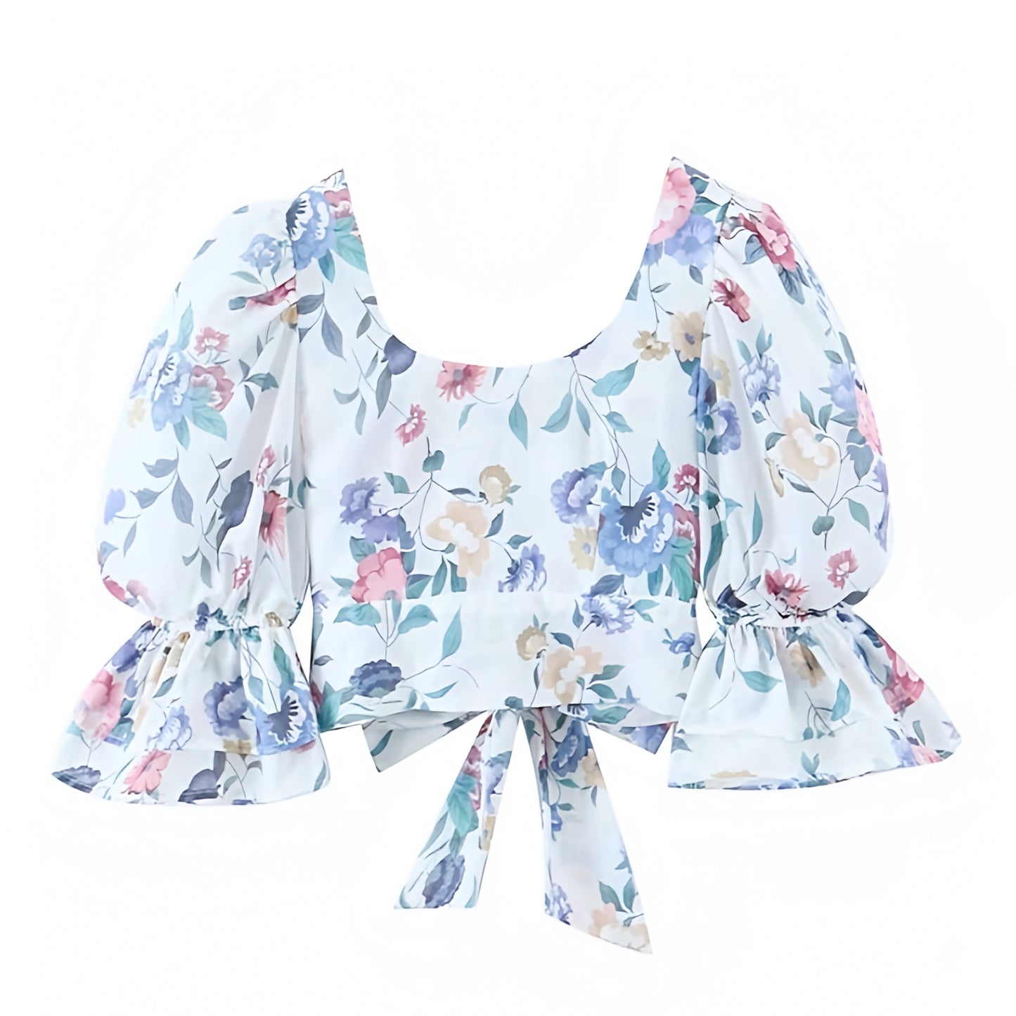 floral-print-light-blue-pink-multi-color-flower-patterned-slim-fit-corset-ruffle-trim-round-neckline-short-puff-sleeve-backless-open-back-bow-string-tie-crop-blouse-top-shirt-women-ladies-teens-tweens-chic-trendy-spring-2024-summer-elgeant-casual-feminine-preppy-style-coquette-beach-wear-vacation-tops-altard-state-zara-loveshackfancy-aritzia-revolve-dupe