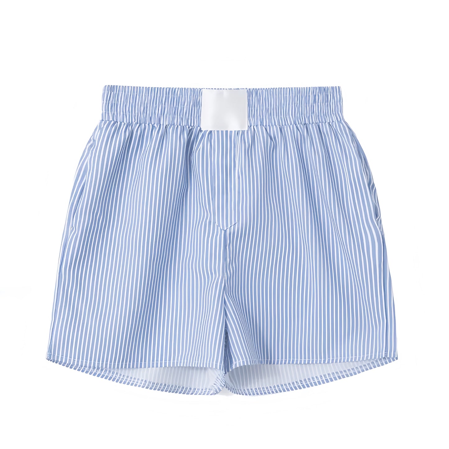 Light Blue & White Striped Seersucker Mid-Rise Linen Shorts