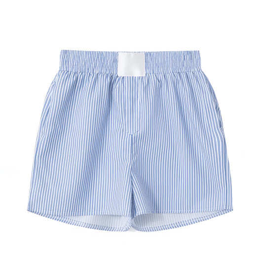 Light Blue & White Striped Seersucker Mid-Rise Linen Shorts