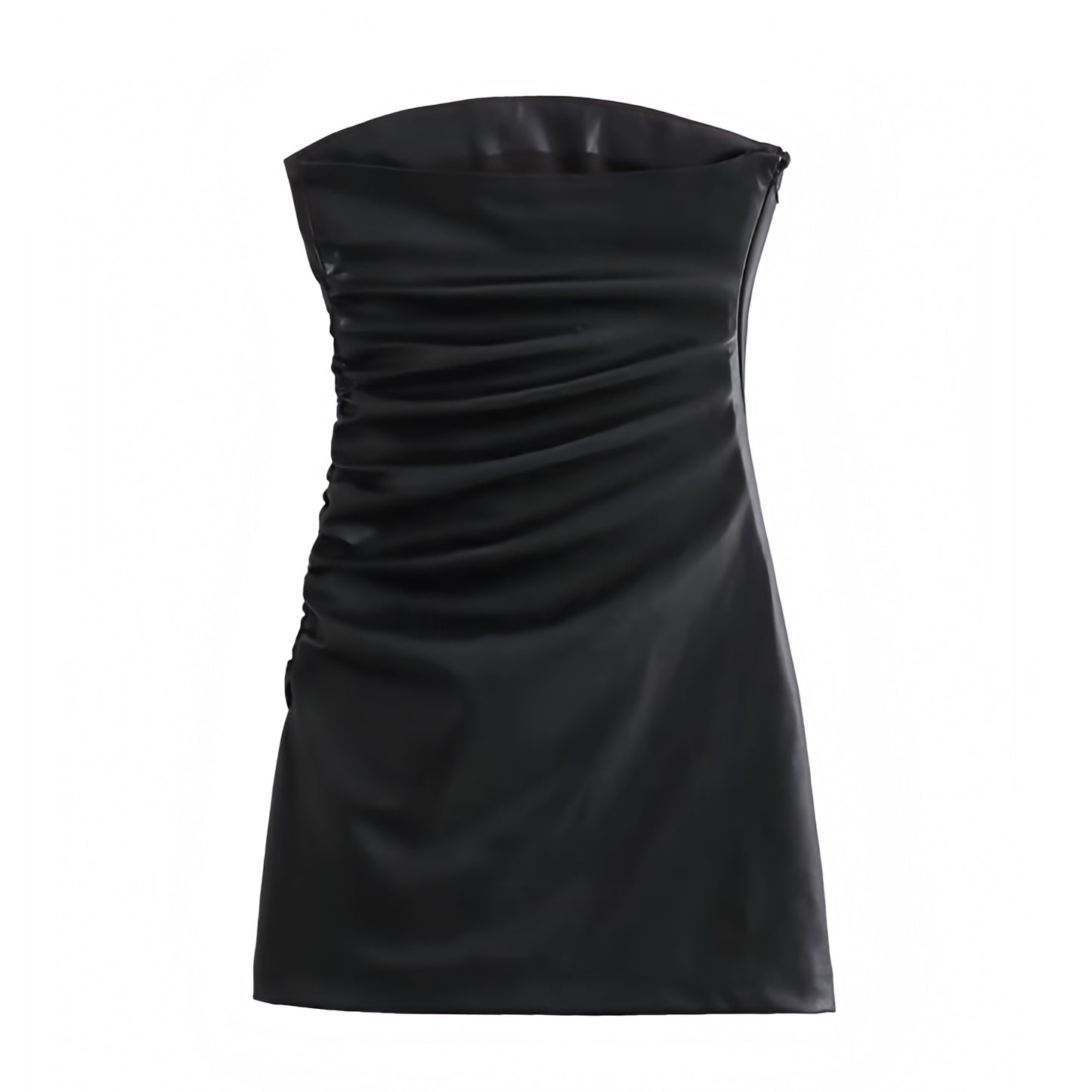 black-faux-leather-shiny-metallic-slim-fit-bodycon-ruched-strapless-sleeveless-bandeau-short-mini-dress-sundress-women-ladies-chic-trendy-spring-2024-summer-elegant-casual-semi-formal-classy-feminine-party-date-night-out-sexy-club-wear-y2k-90s-minimalist-office-siren-style-zara-revolve-aritzia-white-fox-princess-polly-babyboo-edikted