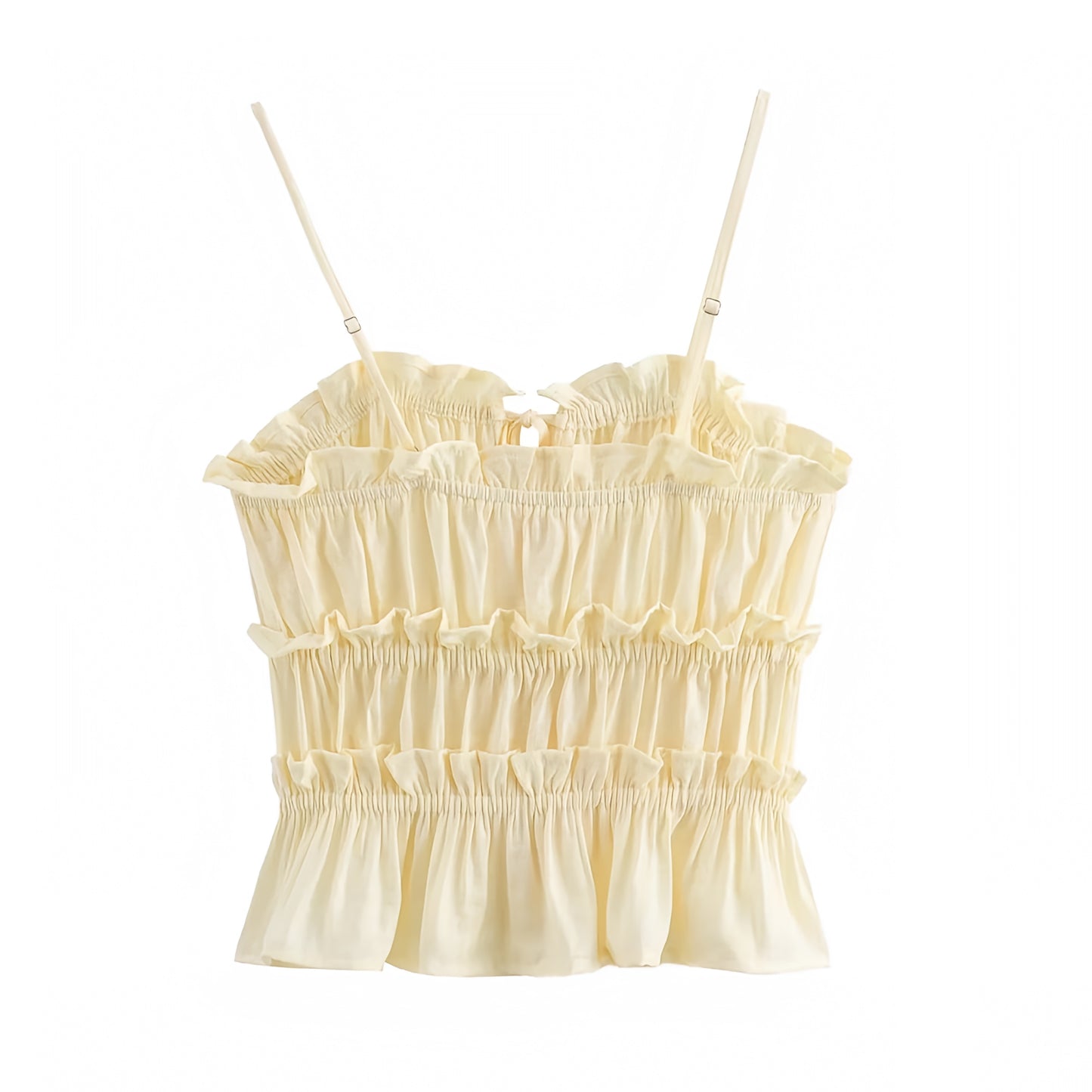 Light Yellow Slim Fit Ruffle Trim Tiered Bow Spaghetti Strap Tank Top