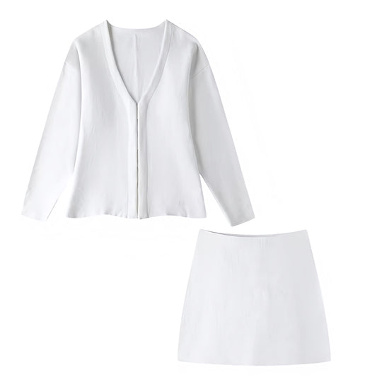 White Knit V-Neck Long Sleeve Cardigan Sweater & Mini Skirt 2 Piece Set