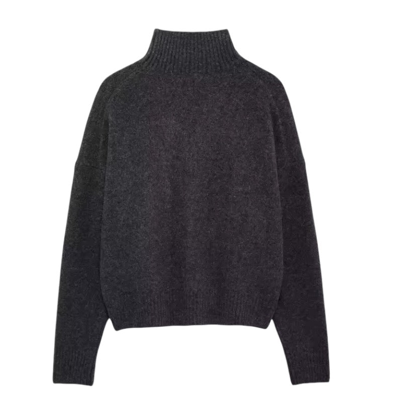 Charcoal Black Knit Woolen Oversized Long Sleeve Turtleneck Pullover Sweater