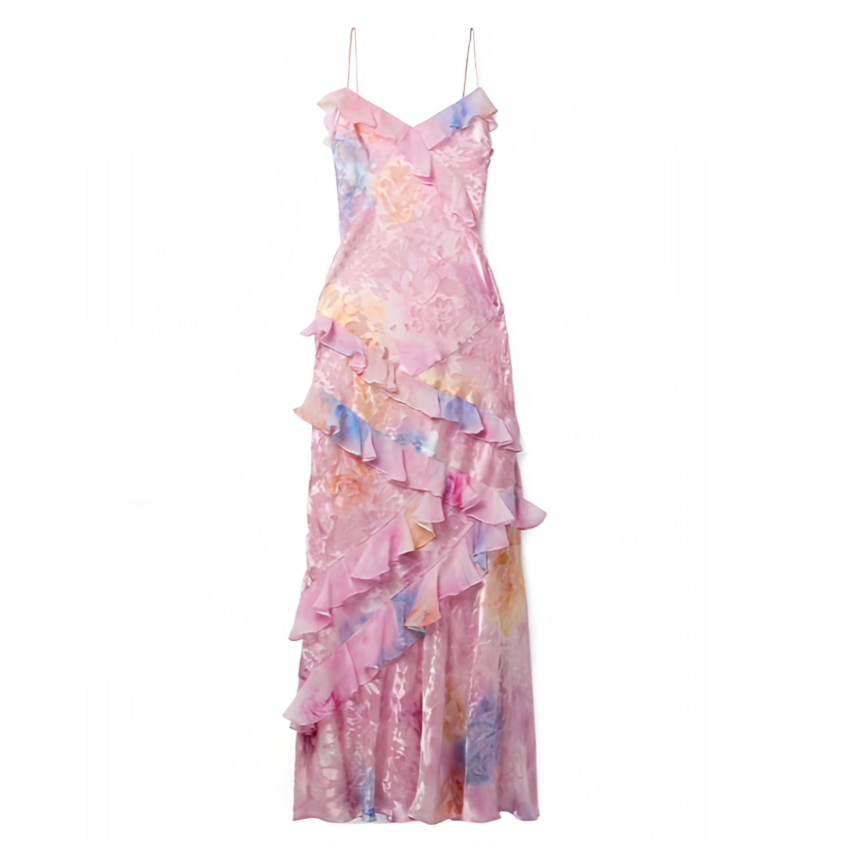 Light Pink Layered Ruffle Floral Bodycon Spaghetti Strap Maxi Dress ...