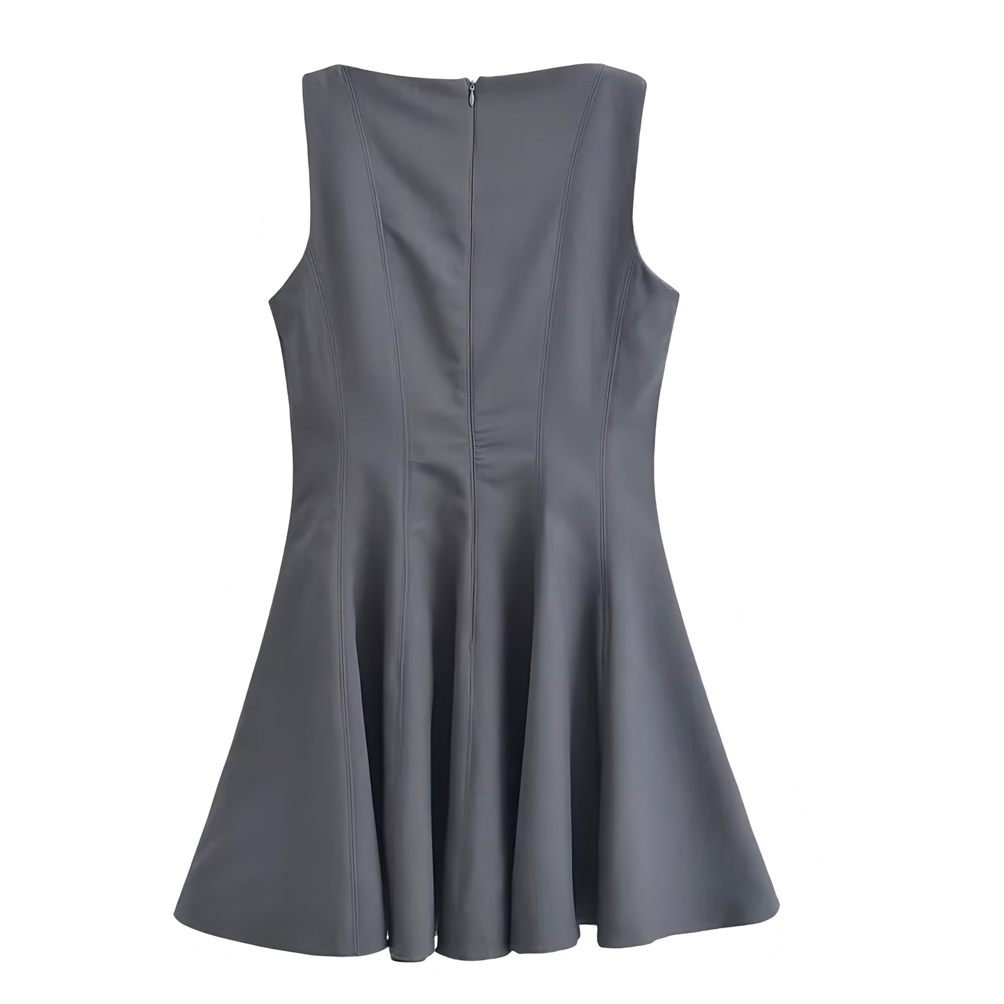 Dark Grey Sleeveless Drop Waist Pleated Mini Dress