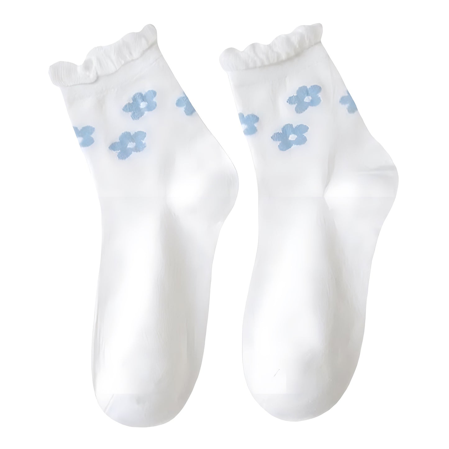 Light Blue Flowers Ruffle Trim Cotton Long Socks