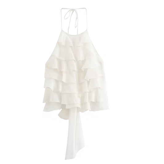 Ivory White Layered Ruffle Trim Backless Bow Halter Tank Top