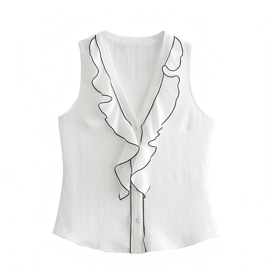 White & Black Lined Slim Fit Ruffle Trim V-Neck Sleeveless Vest Top