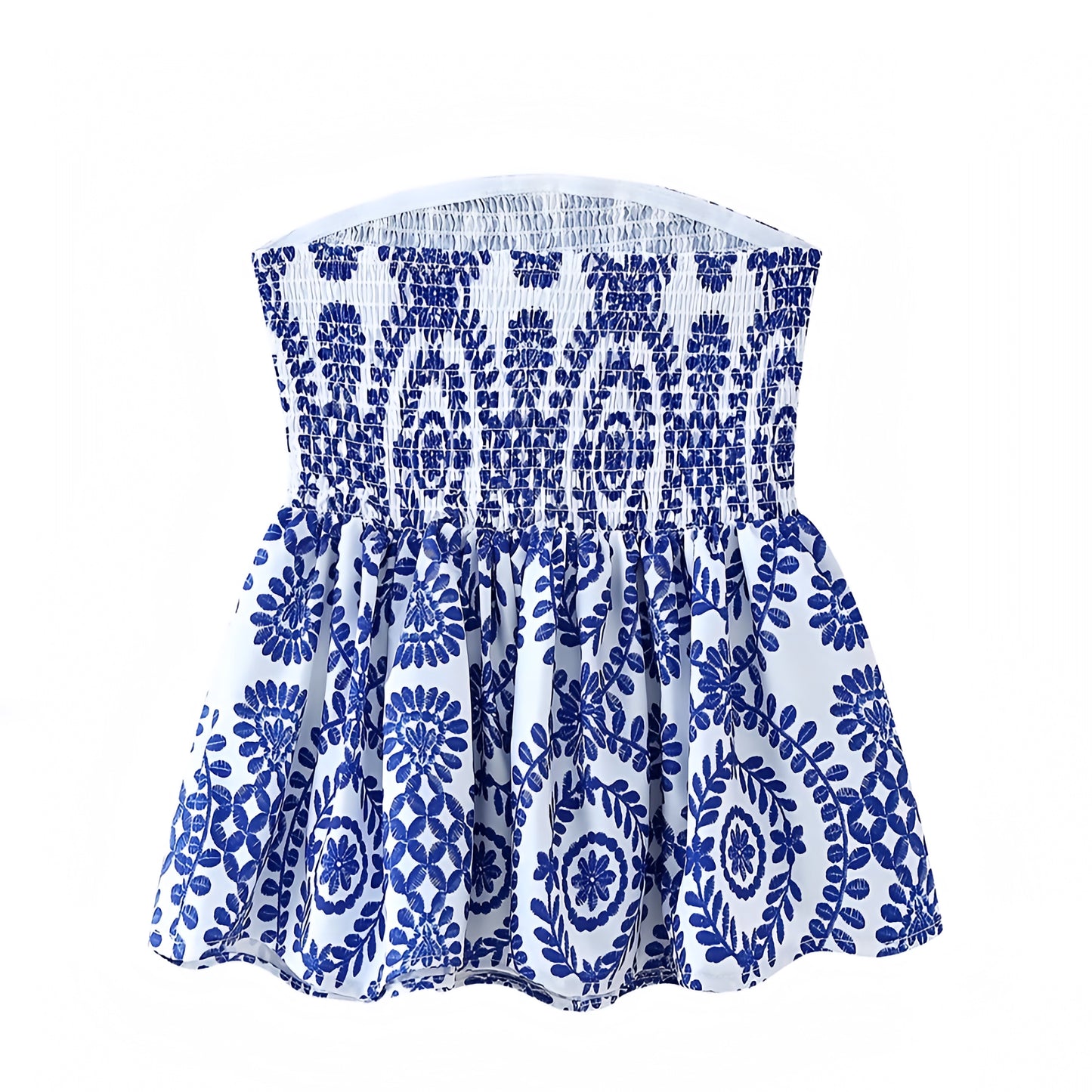 Paros Dark Blue Floral Embroidered Smocked Strapless Camisole Top