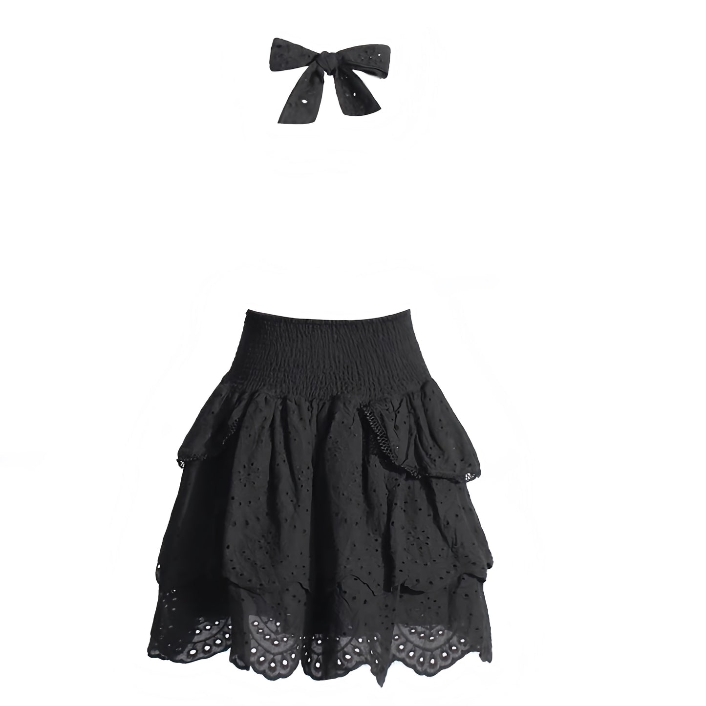 Black Eyelet Embroidered Smocked Layered Ruffle Drop Waist Halter Mini Dress