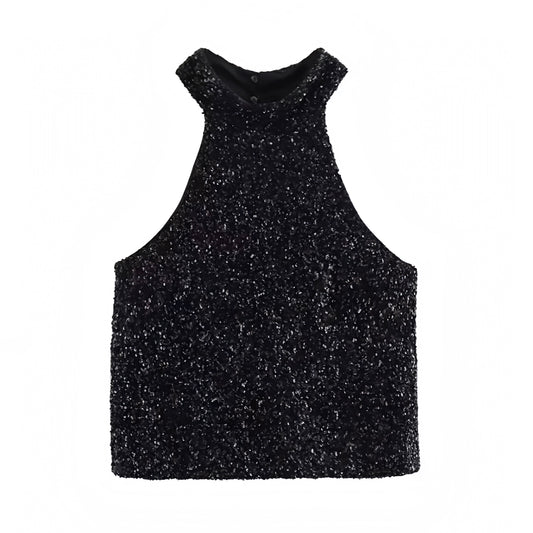 black-glitter-sequined-sparkly-beaded-shimmer-slim-tight-fit-ruched-sleeveless-backless-open-back-cut-out-halter-crop-tank-top-blouse-women-ladies-chic-trendy-spring-2024-summer-elegant-casual-semi-formal-classy-feminine-party-date-night-out-sexy-club-wear-y2k-90s-minimalist-office-siren-style-zara-revolve-aritzia-white-fox-princess-polly-babyboo-edikted