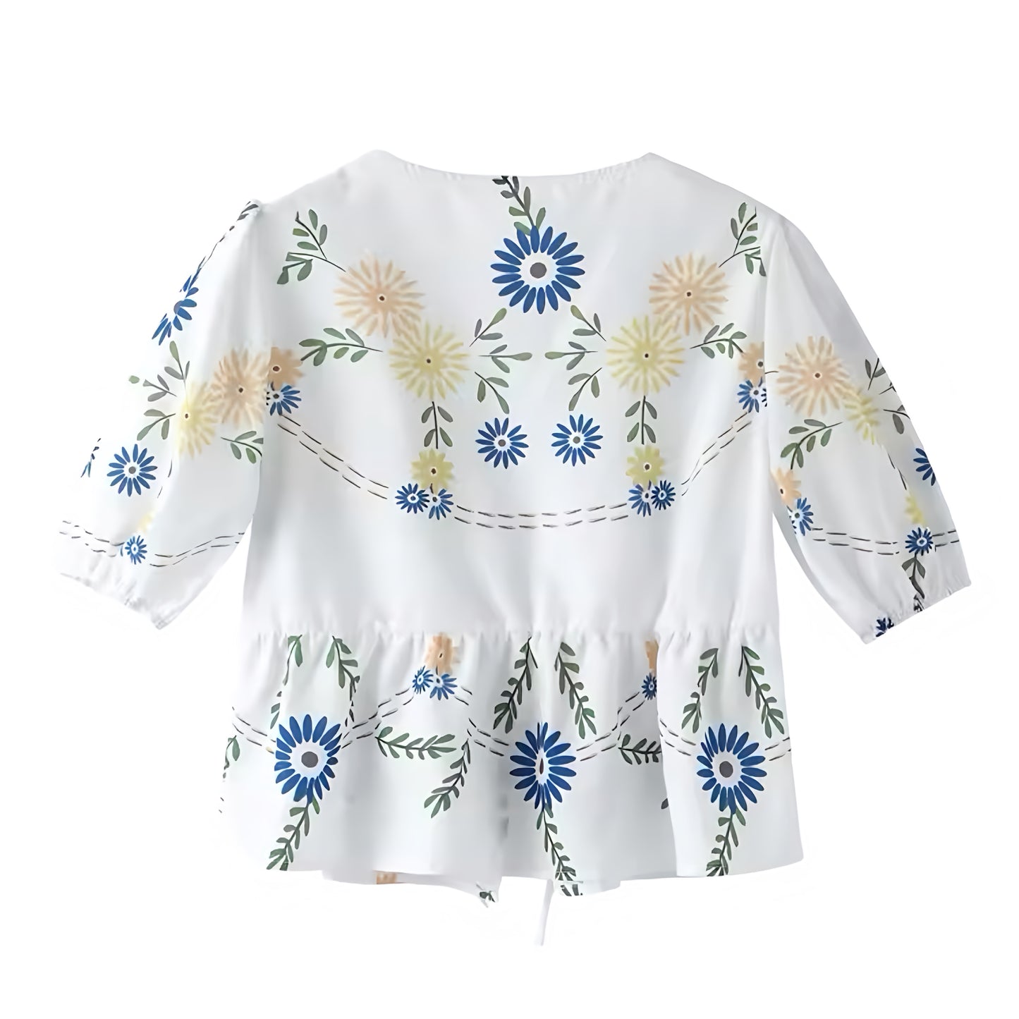 White Multi-Color Floral Print Bow Lace Up Short Puff Sleeve Camisole Blouse Top