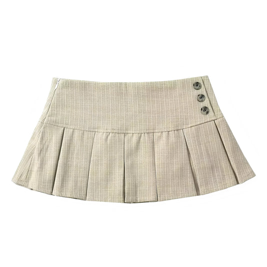 Light Beige Plaid Button-Down Pleated Low-Rise Mini Skirt