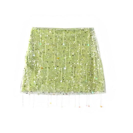 Green Sequin Tassel Embellished Low-Rise Mini Skirt