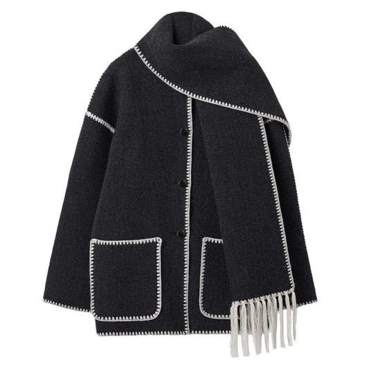 Black & White Trim Oversized Tassel Scarf Knit Overcoat