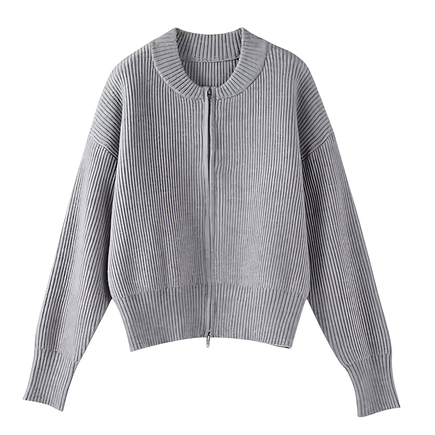 Light Grey Knit Ribbed Zip-Down Long Sleeve Cardigan Sweater