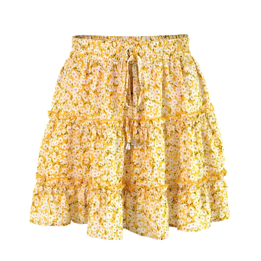 floral-print-yellow-and-white-daisy-flower-patterned-layered-ruffle-trim-draw-string-tie-fitted-waist-smocked-mid-high-rise-waisted-flowy-boho-tullie-linen-tiered-short-mini-skirt-women-ladies-chic-trendy-spring-2024-summer-elegant-casual-feminine-preppy-style-zara-altard-state-urban-outfitters-brandy-melville-princess-polly