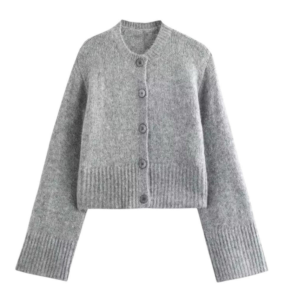 Light Grey Knit Woolen Oversized Button-Down Long Sleeve V-Neck Cardigan Sweater