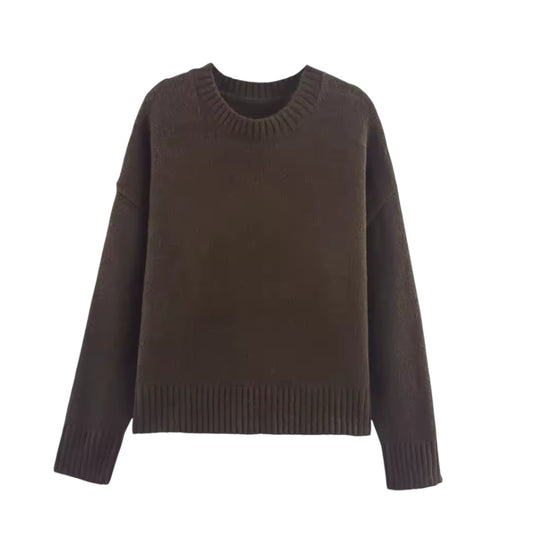 Espresso Brown Knit Woolen Long Sleeve Pullover Sweater