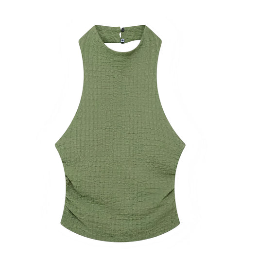 Matcha Green Slim Fit Textured Backless Halter Tank Top