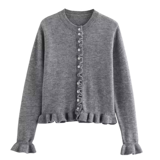 Dark Grey Knit Ruffle Trim Button-Down Long Sleeve Cardigan Sweater