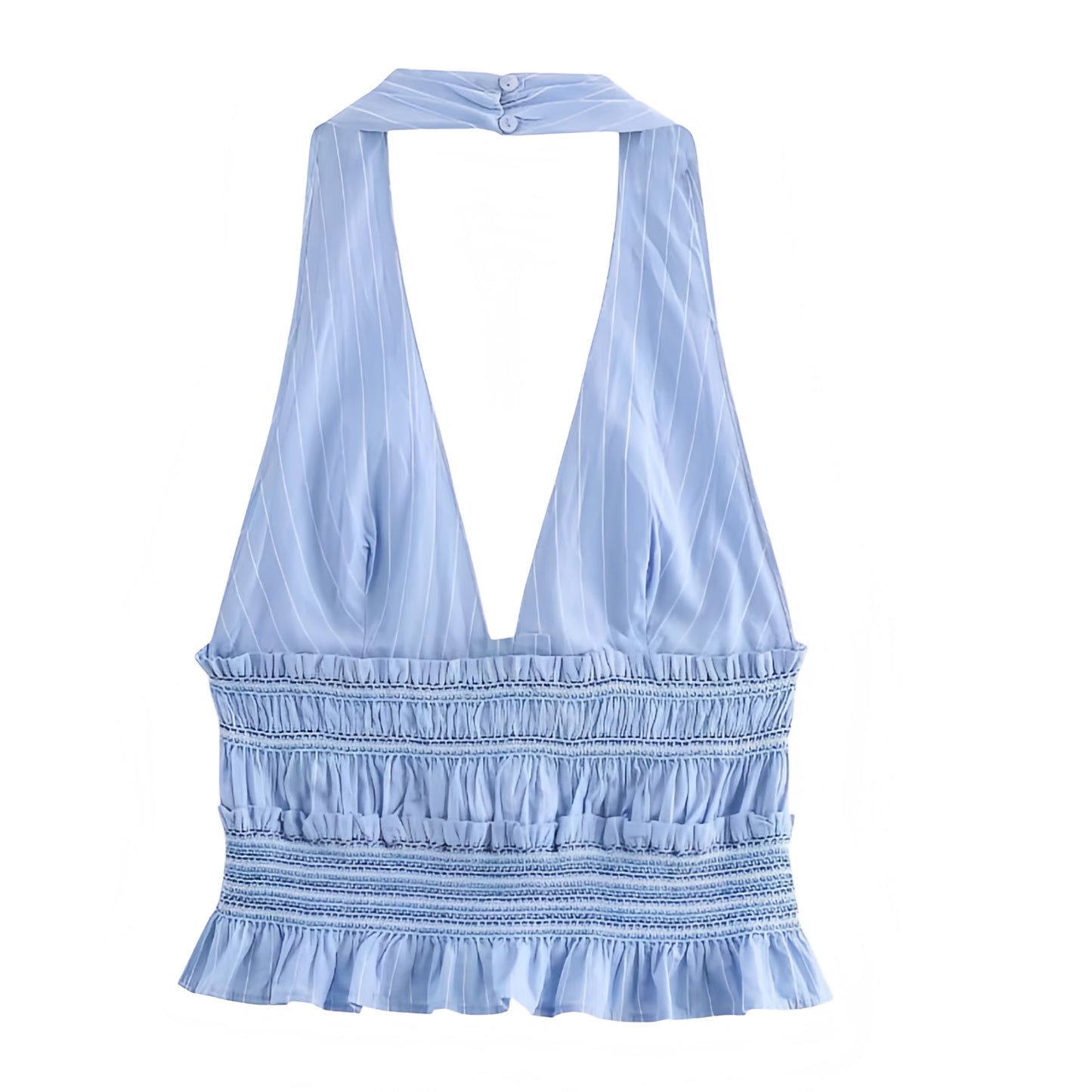 Light Blue Striped V-Neck Ruffle Trim Backless Halter Vest Top