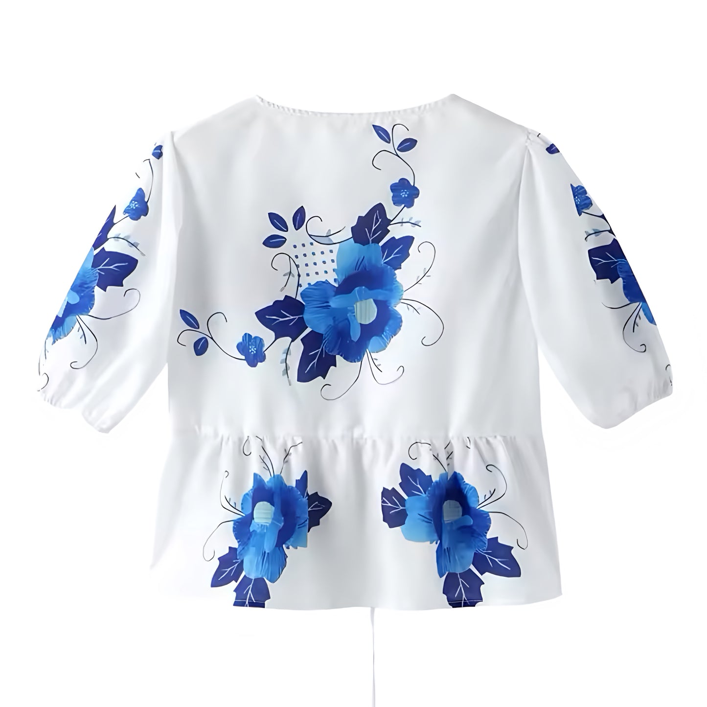 Dark Blue Floral Print Bow Lace Up Short Puff Sleeve Camisole Blouse Top