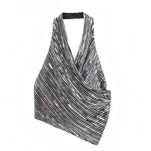 silver-black-sequined-glitter-shimmer-striped-draped-ruched-v-neck-slim-fit-sleeveless-asymmetric-backless-open-back-halter-crop-camisole-tank-top-blouse-women-ladies-chic-trendy-spring-2024-summer-elegant-casual-semi-formal-classy-feminine-party-date-night-out-sexy-club-wear-y2k-90s-minimalist-style-zara-revolve-aritzia-white-fox-princess-polly-babyboo-iamgia-edikted-fenity