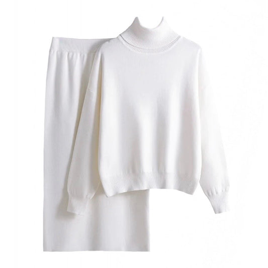 White Knit Turtleneck Sweater & Skirt Set