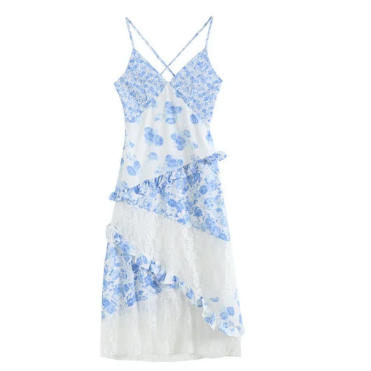 Light Blue Floral Print Bodycon Lace Tiered Ruffle Spaghetti Strap Backless Maxi Dress