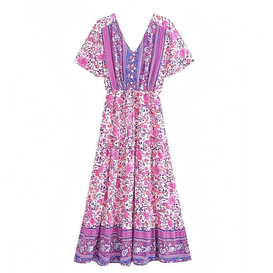 Purple Floral Print Boho Short Sleeve Tiered Linen Maxi Dress