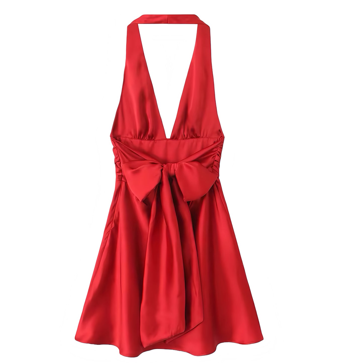 Cherry Red Satin Bow Drop Waist Backless Halter Mini Dress