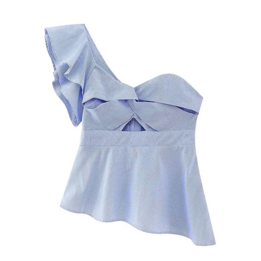 Light Blue Gingham Slim Fit Ruffle Trim Asymmetric Puff Sleeve Camisole Top