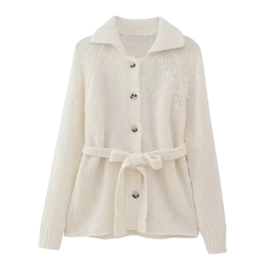 Ivory Knit Button Up Fitted Cardigan Sweater