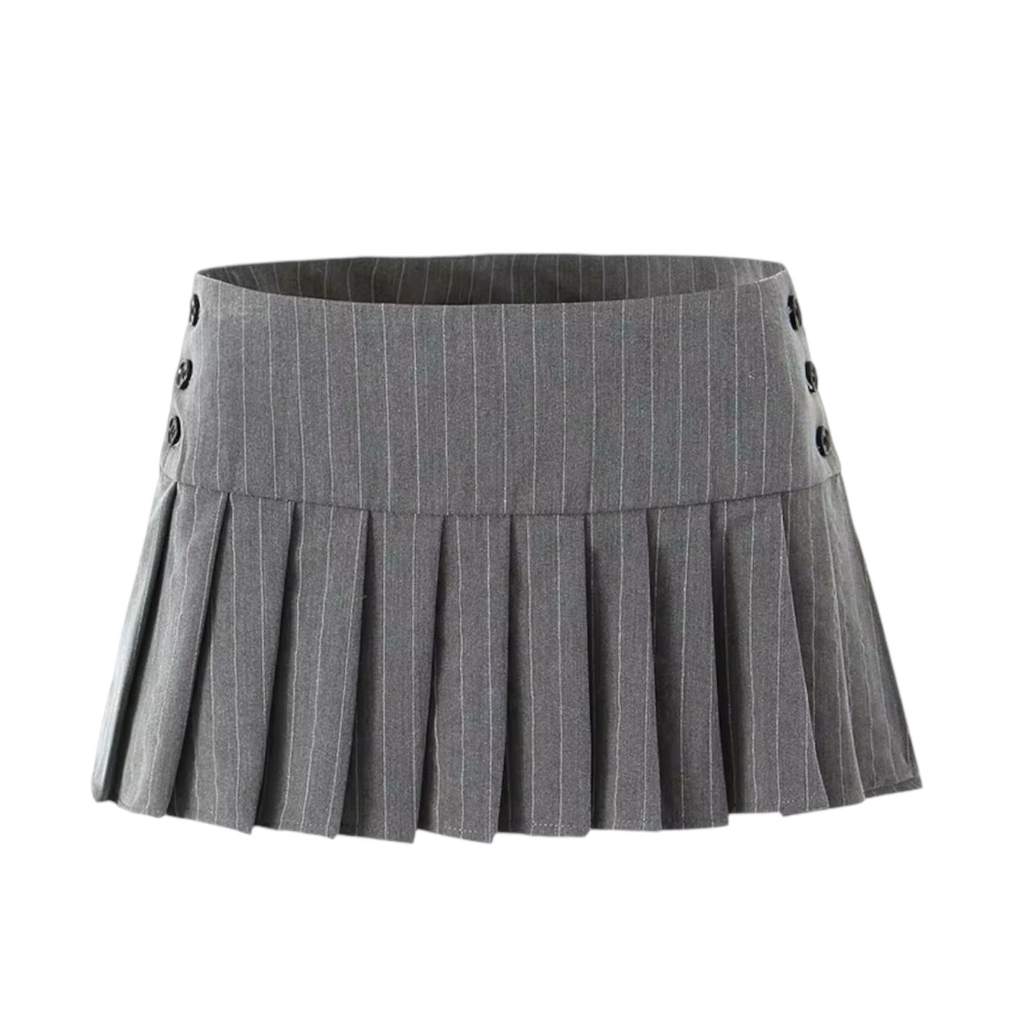 Dark Grey Pinstriped Button-Down Pleated Low-Rise Mini Skirt