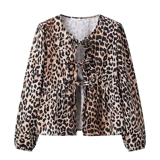 Cheetah Print Bow Lace Up Long Sleeve Camisole Blouse Top