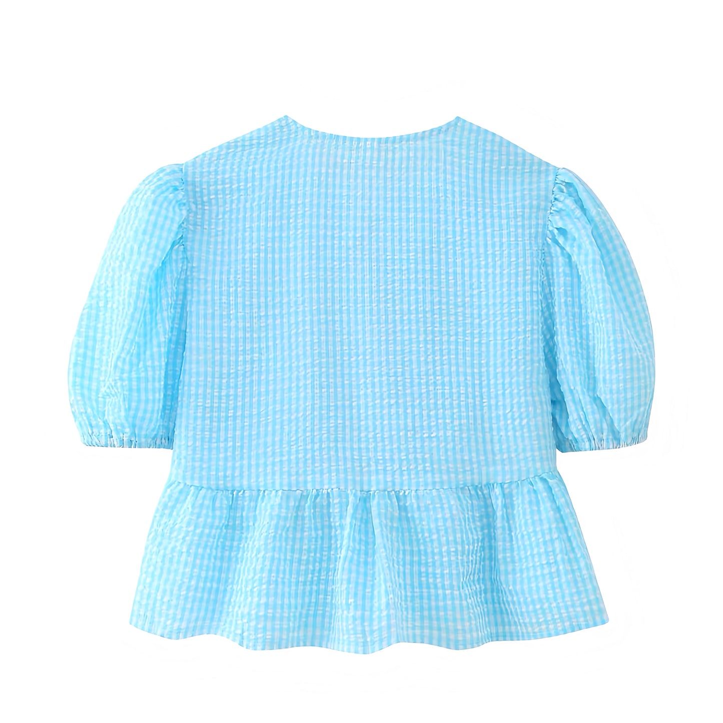 Light Blue Gingham Bow Lace Up Short Puff Sleeve Camisole Blouse Top