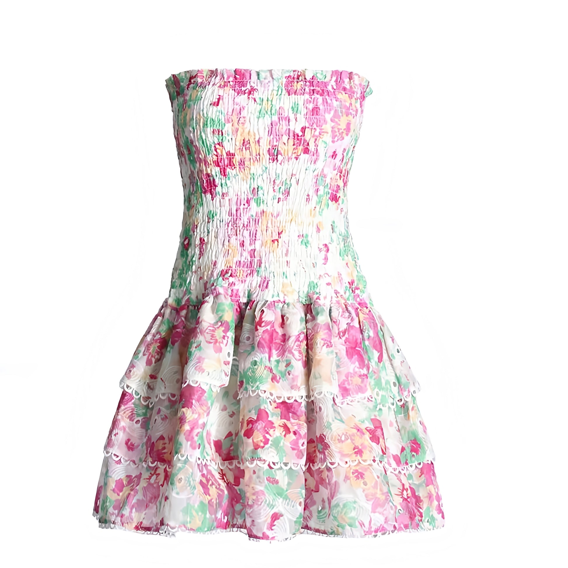 Addison floral pink white green multicolor eyelet embroidered strapless smocked mini dress with layered ruffle trim and tiered flared skirt. Slim fit bodycon corset bustier silhouette with ruched shirred detailing and sweetheart neckline. Chic summer sundress for womens teens ladies perfect for party dress prom hoco homecoming graduation beach vacation ibiza style boho chic resort wear coastal aesthetic euro summer loveshackfancy dupe zimmermann dupe.

