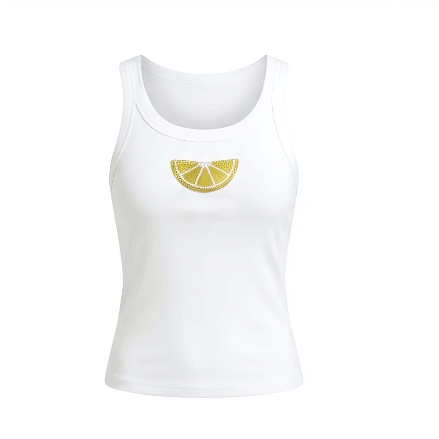 Almafi lemon Y2K sparkly beaded fitted scoop neck tank top in white with yellow lemon bead design, beaded and shimmery detail, slim fit ribbed cotton blend silhouette, spaghetti strap sleeveless scoop neck crop top and Y2K baby tank style. Perfect for Italian summer style, Amalfi Coast outfit, European summer, Saint Tropez style, Cannes outfit, South of France, beach club, Ibiza, beach vacation and beach girl outfits.
