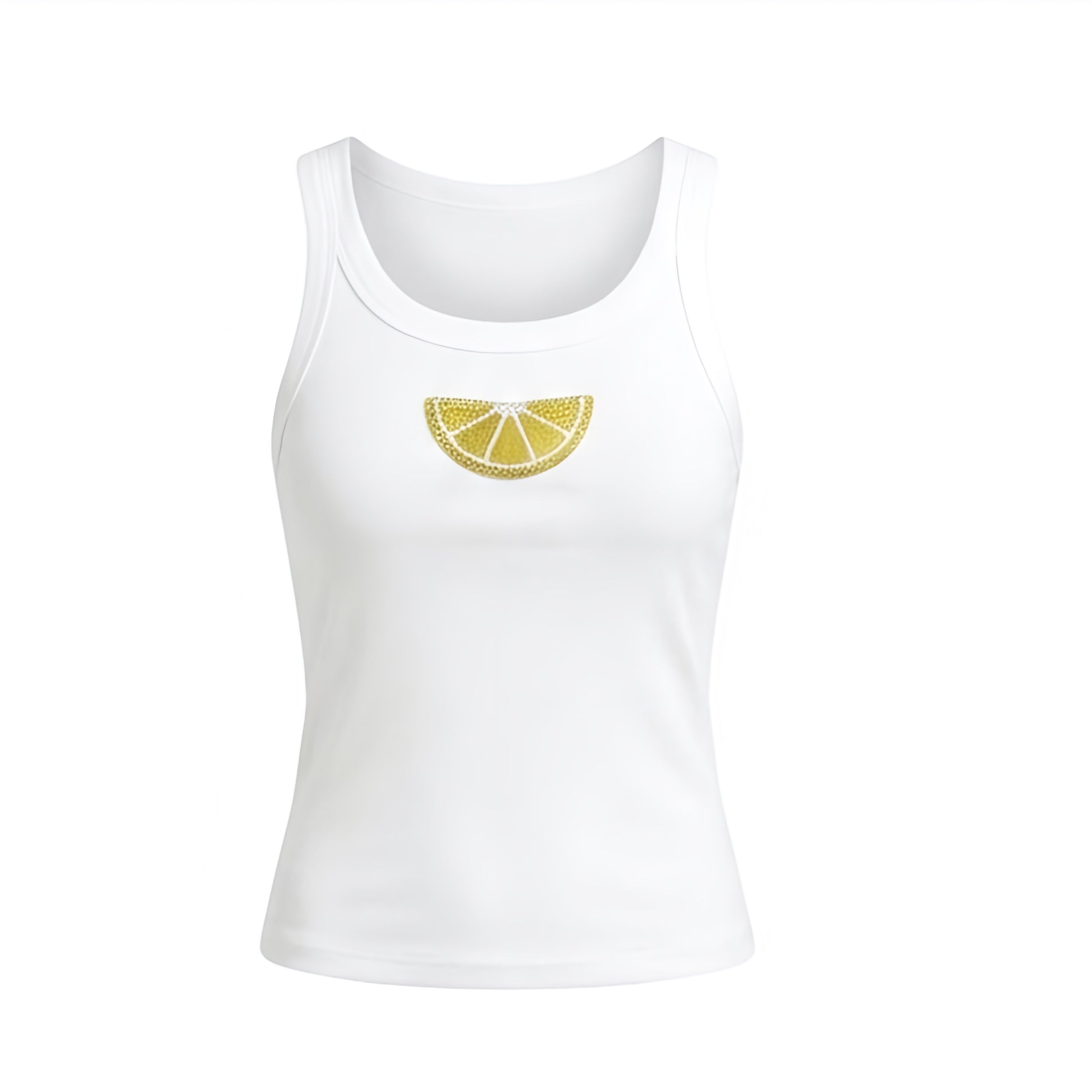 Almafi lemon Y2K sparkly beaded fitted scoop neck tank top in white with yellow lemon bead design, beaded and shimmery detail, slim fit ribbed cotton blend silhouette, spaghetti strap sleeveless scoop neck crop top and Y2K baby tank style. Perfect for Italian summer style, Amalfi Coast outfit, European summer, Saint Tropez style, Cannes outfit, South of France, beach club, Ibiza, beach vacation and beach girl outfits.