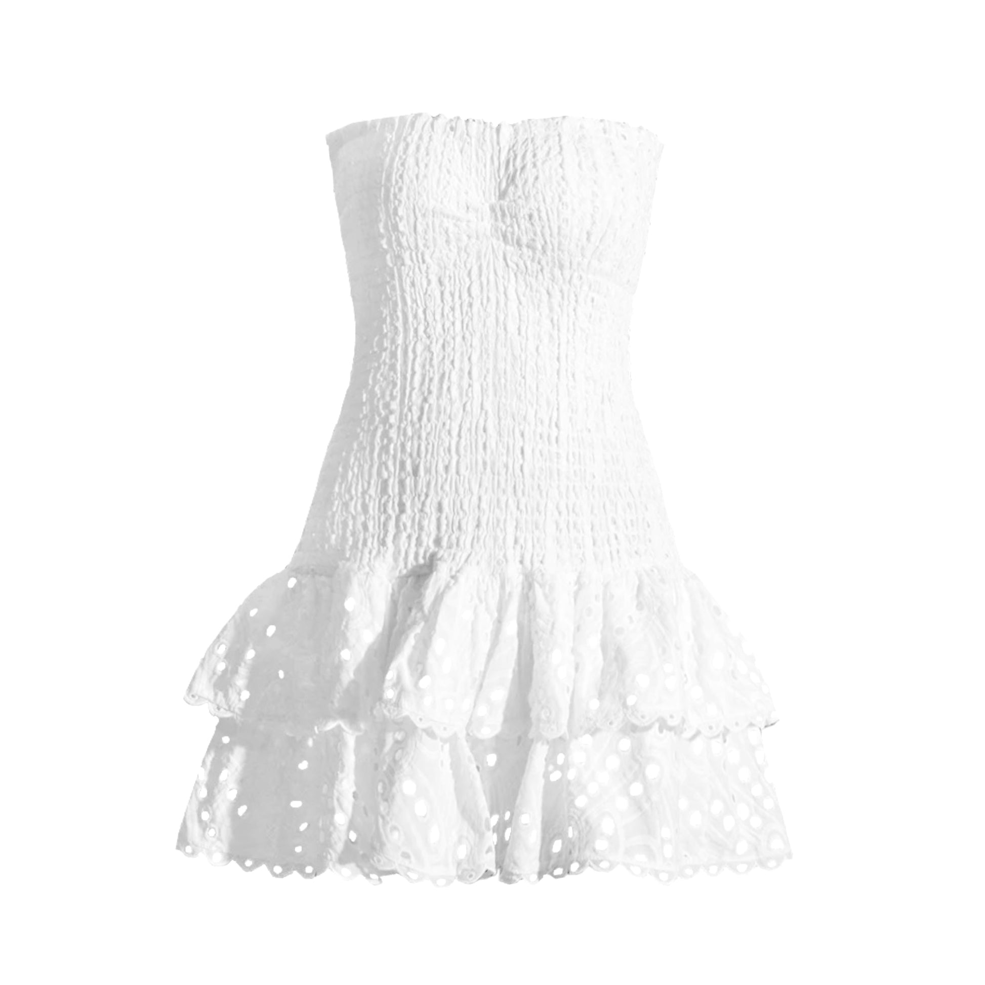 White eyelet embroidered floral anglaise strapless smocked mini dress with layered ruffle trim and tiered flared skirt. Slim fit bodycon corset bustier silhouette with ruched shirred detailing. Chic summer sundress for womens teens ladies perfect for party dress prom hoco homecoming graduation beach vacation ibiza style boho chic resort wear coastal granddaughter aesthetic loveshackfancy dupe zimmerman dupe.