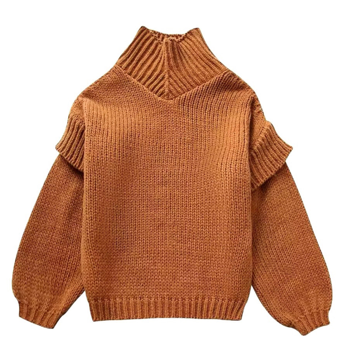 Autumn Brown Chunky Knit Oversized Balloon Sleeve Turtleneck Pullover Sweater for women and teens. Soft, cozy, warm, thick ribbed knitwear with high neck, cuffed sleeves, and relaxed oversized fit. Perfect for fall, winter, and holiday outfits. Elegant and trendy caramel brown, rust brown, and cinnamon brown fashion sweater. Ships globally to US, UK, Australia, Canada, Europe, Asia, and worldwide destinations.