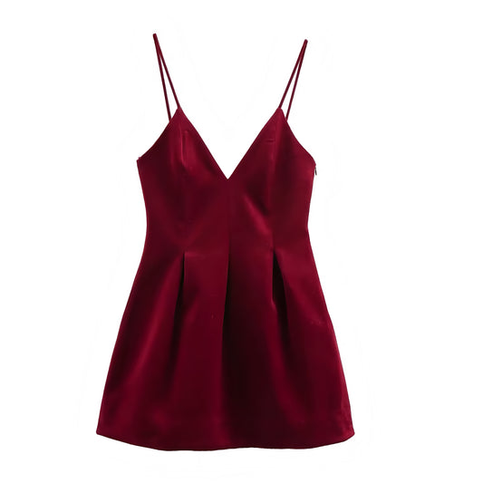 Red Velvet Spaghetti Strap V-Neck Drop Waist Mini Dress