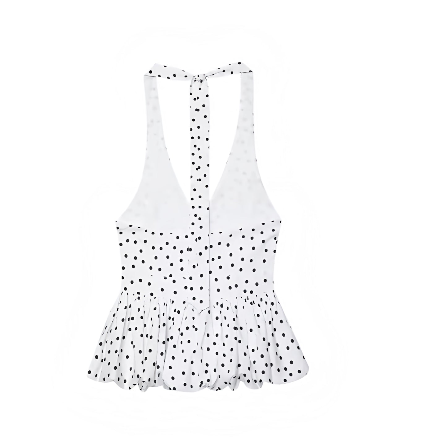 White & Black Polka Dot Slim Fit Ruffled Sleeveless V-Neck Peplum Halter Tank Top