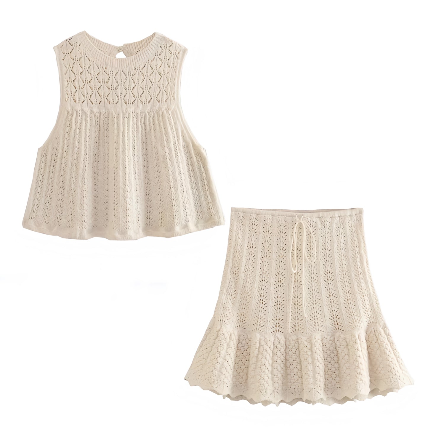 white-ivory-knit-crochet-embroidered-patterned-ruffled-short-sleeve-cut-out-crop-cami-top-blouse-and-mid-low-rise-mini-skirt-two-piece-set-dress-women-ladies-chic-trendy-spring-2024-summer-elegant-casual-semi-formal-classy-european-beach-wear-tropical-vacation-sundress-zara-revolve-aritzia