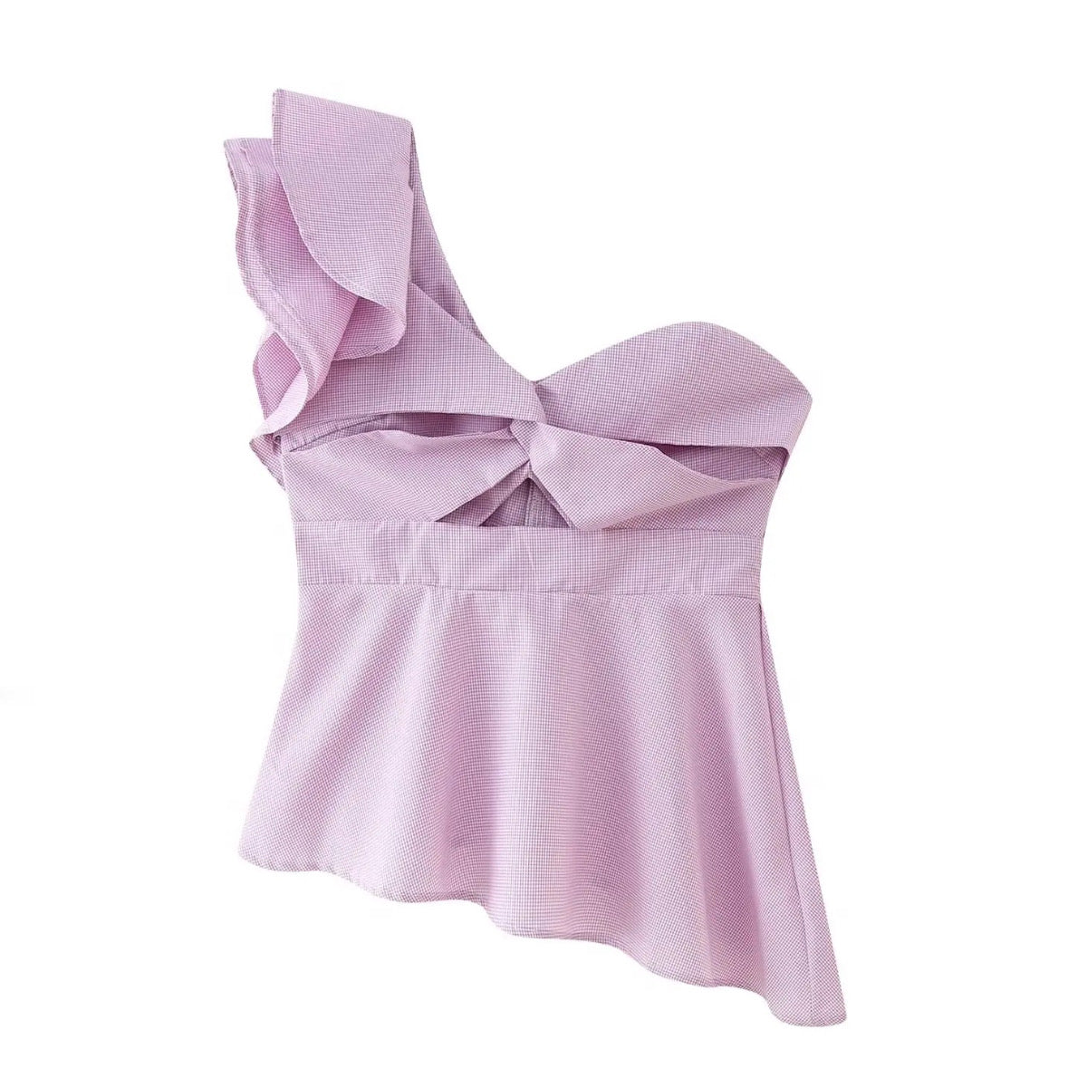 Light Purple Gingham Slim Fit Ruffle Trim Asymmetric Puff Sleeve Camisole Top
